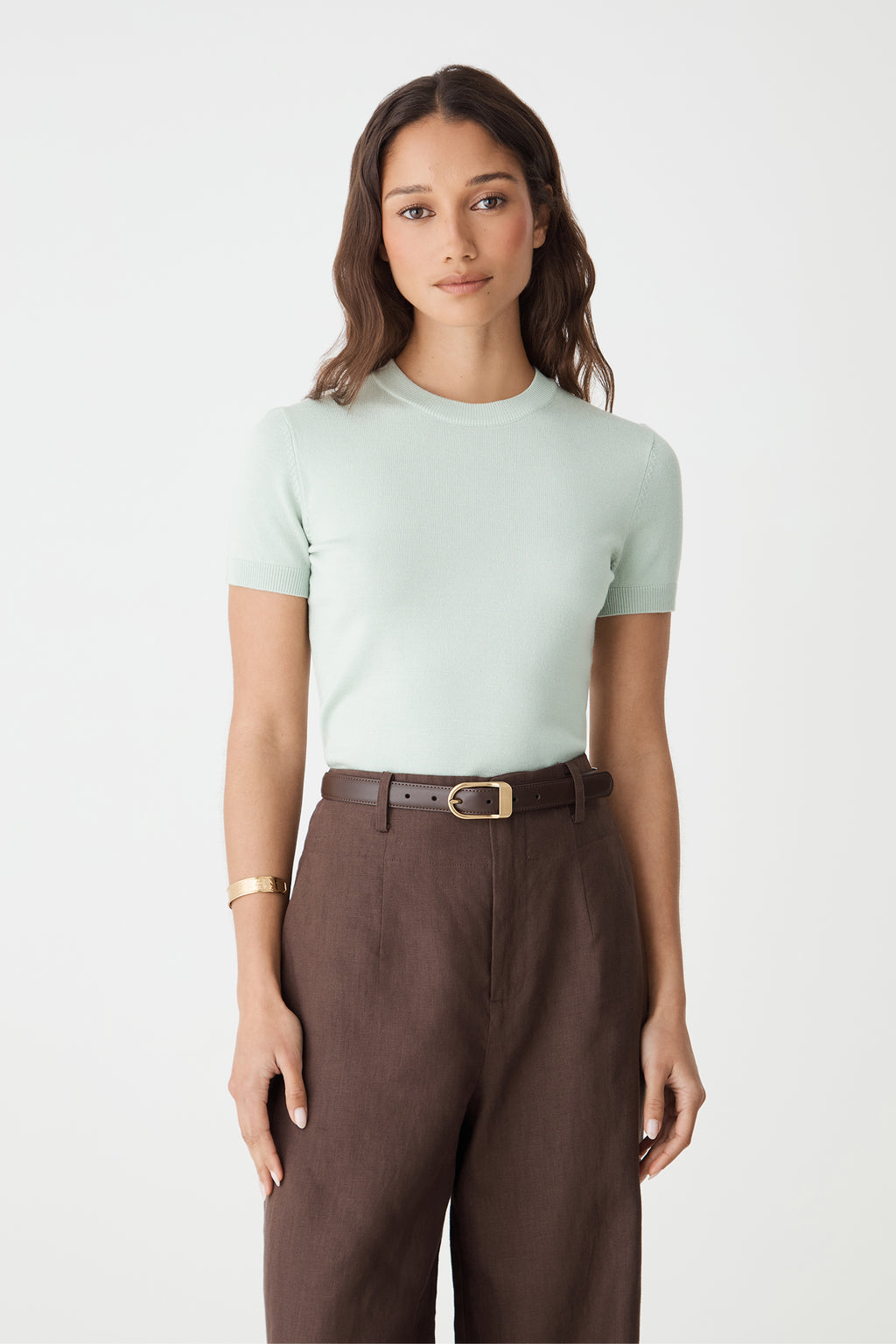 Front close-up of the jade Catherine Short Sleeve Knit, showing crew neckline and ribbed edges
