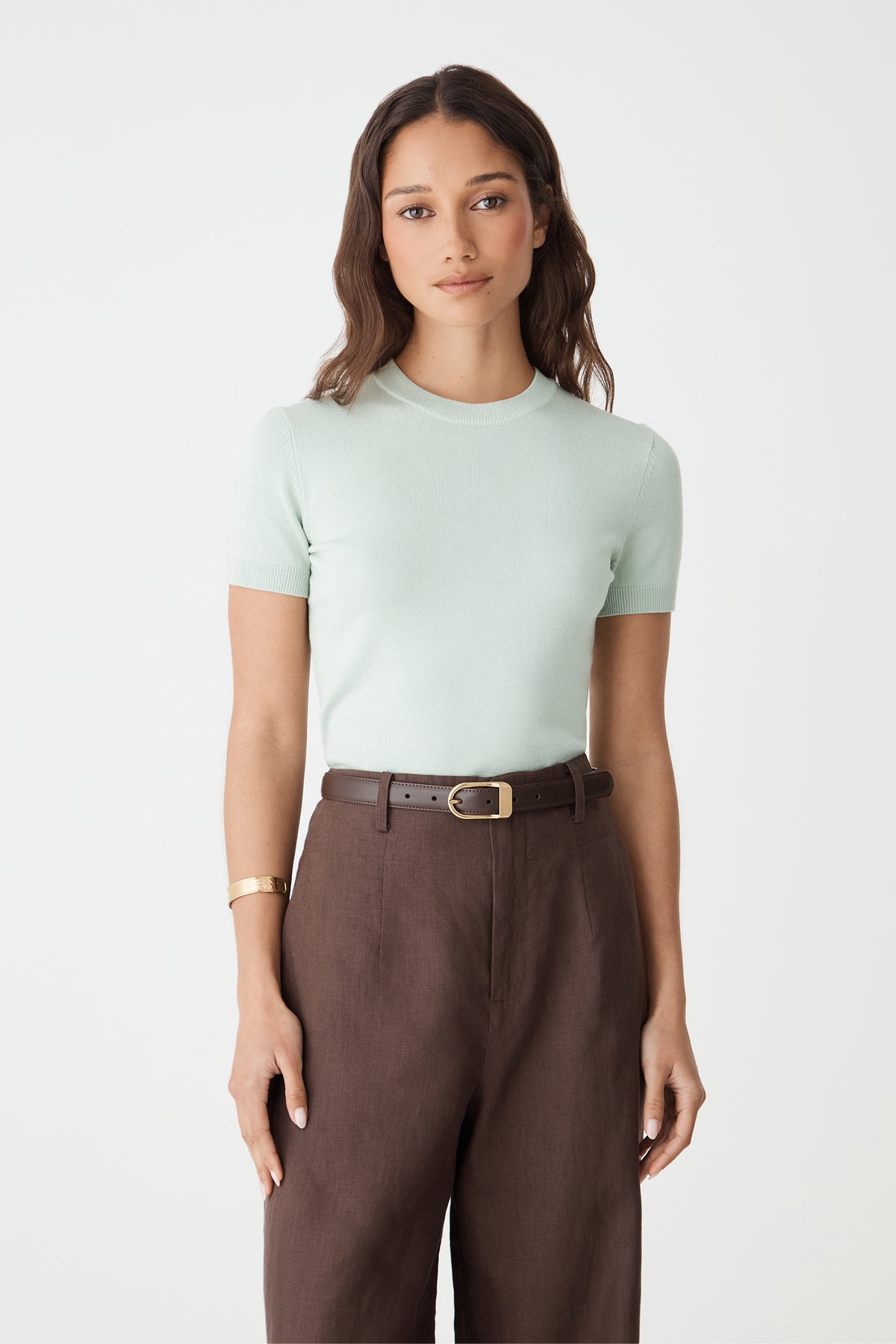 Front close-up of the jade Catherine Short Sleeve Knit, showing crew neckline and ribbed edges