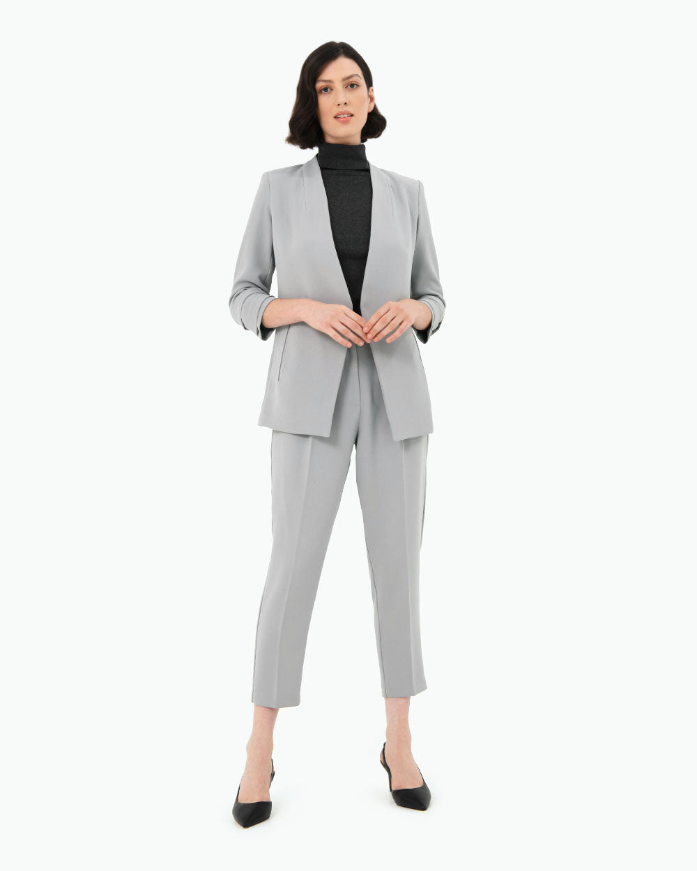 Carter 2 Collarless Blazer in grey — full-length view 2