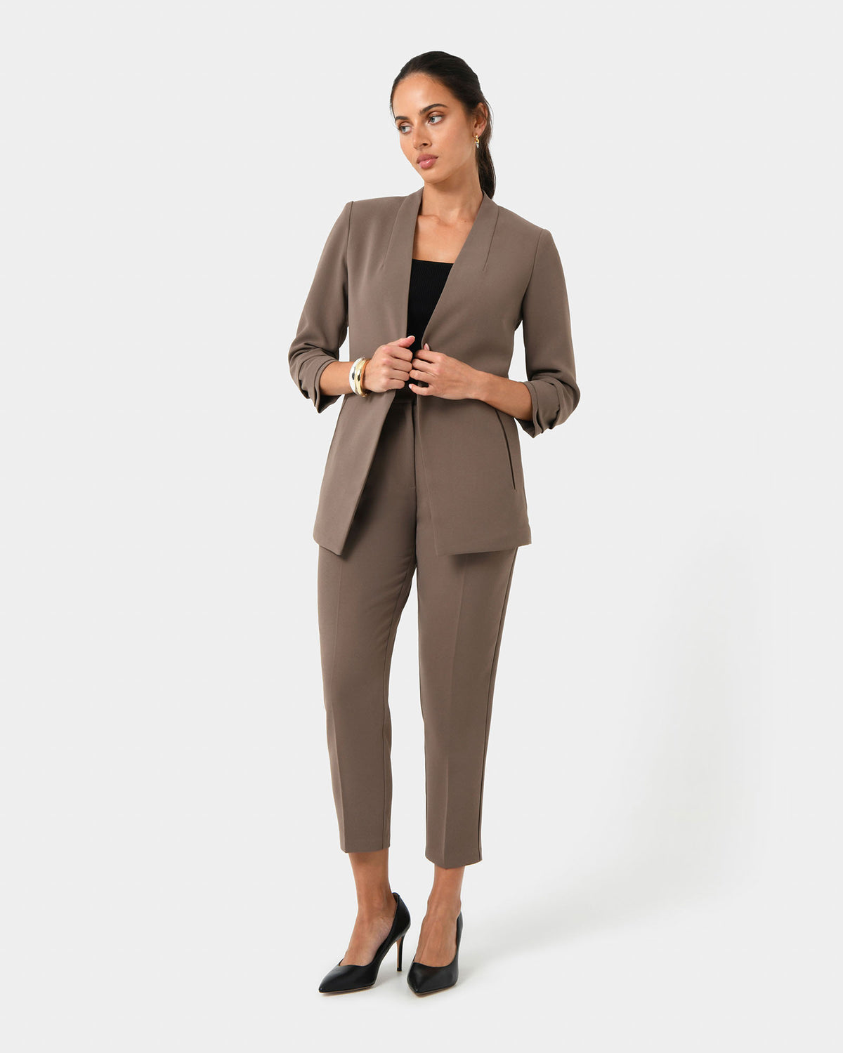 Carter 2 Collarless Blazer in sepia — full-length view