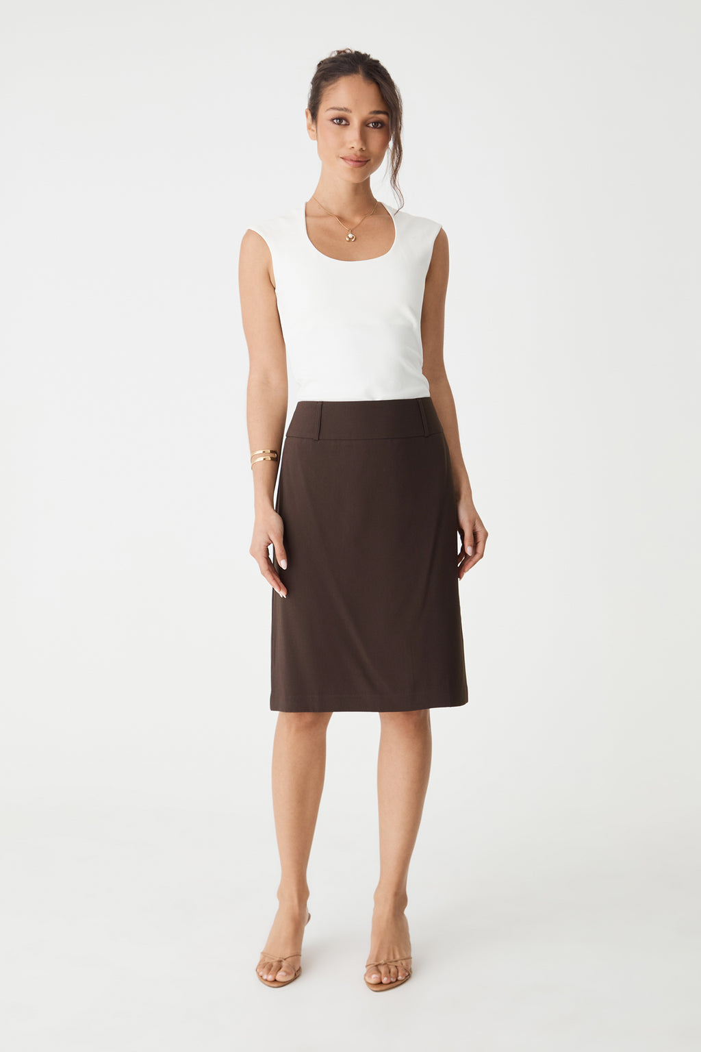 Soho Scoop Neck Top in Cloud, front view worn tucked into a brown midi skirt