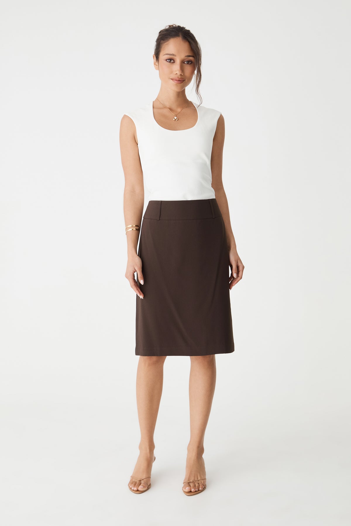 Soho Scoop Neck Top in Cloud, front view worn tucked into a brown midi skirt