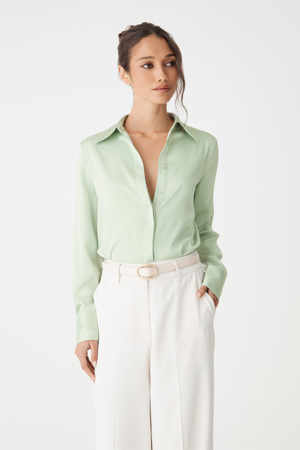 Front close-up of the mint satin shirt showing collar and concealed button placket