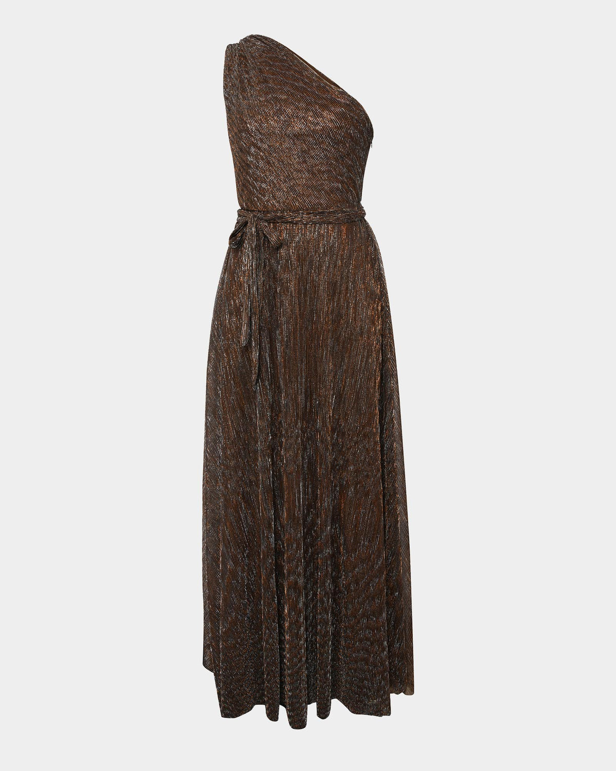 Avah One Shoulder Dress in metallic bronze — product-only view