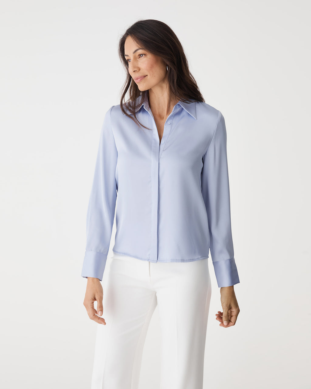 Mae Satin Shirt in lilac — close-up view