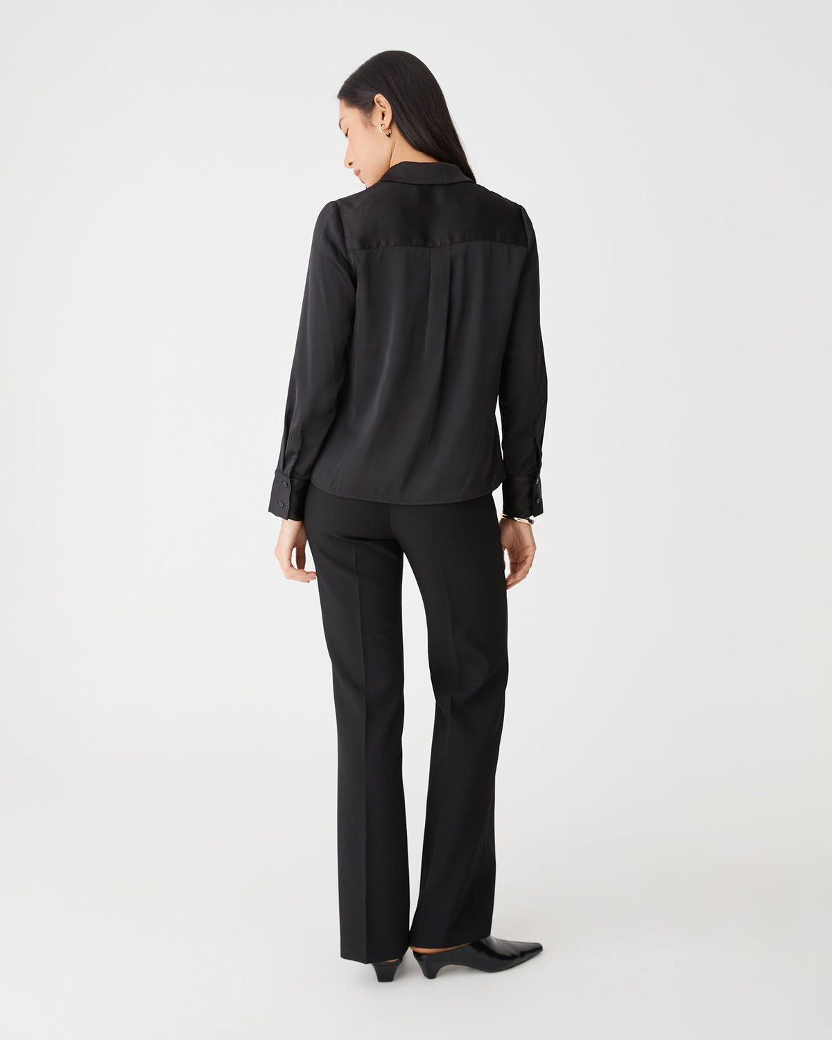 Lila V-Neck Satin Blouse in black — back view