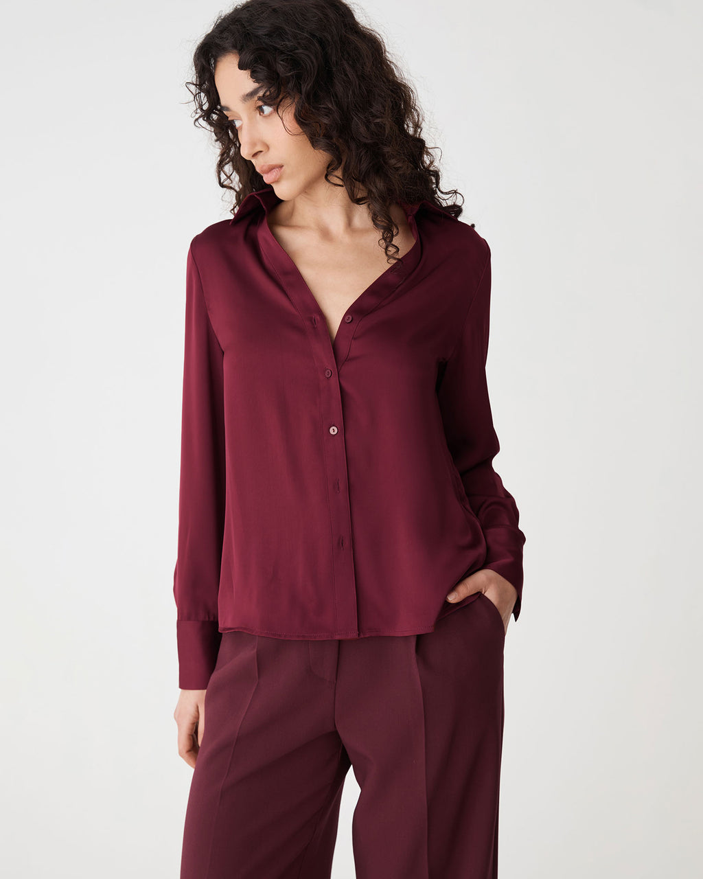 Lila V-Neck Satin Blouse in wine — close-up view 2