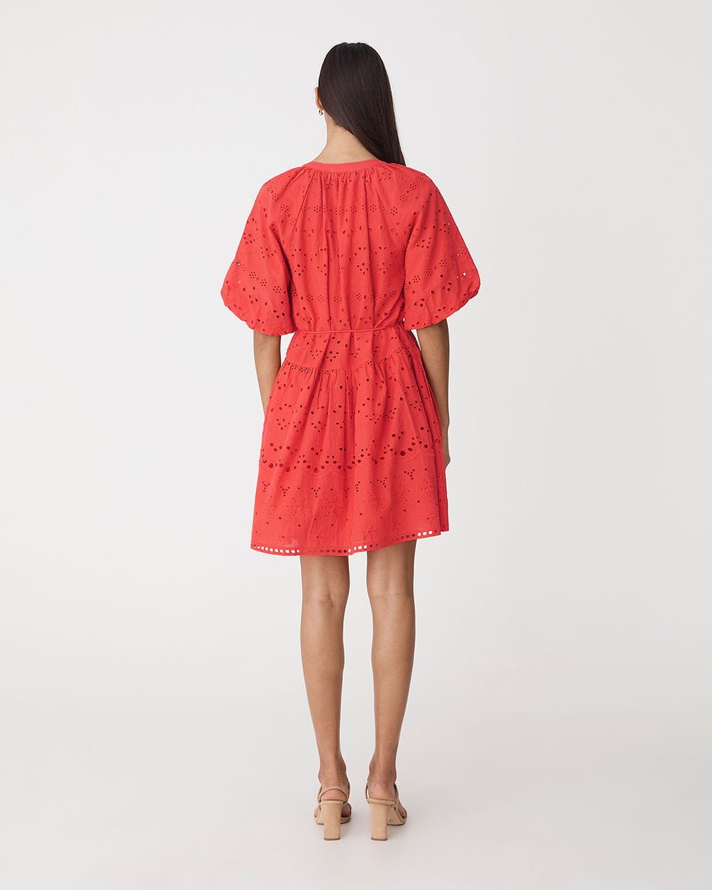 Lola Broderie Tiered Dress in fiesta red — back view