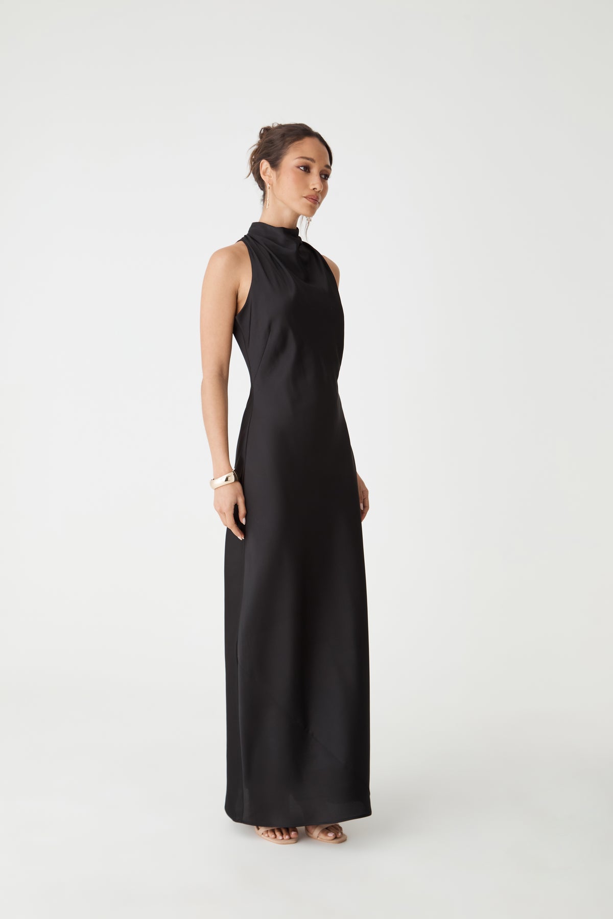 Delilah Bias Satin Dress in black — side view