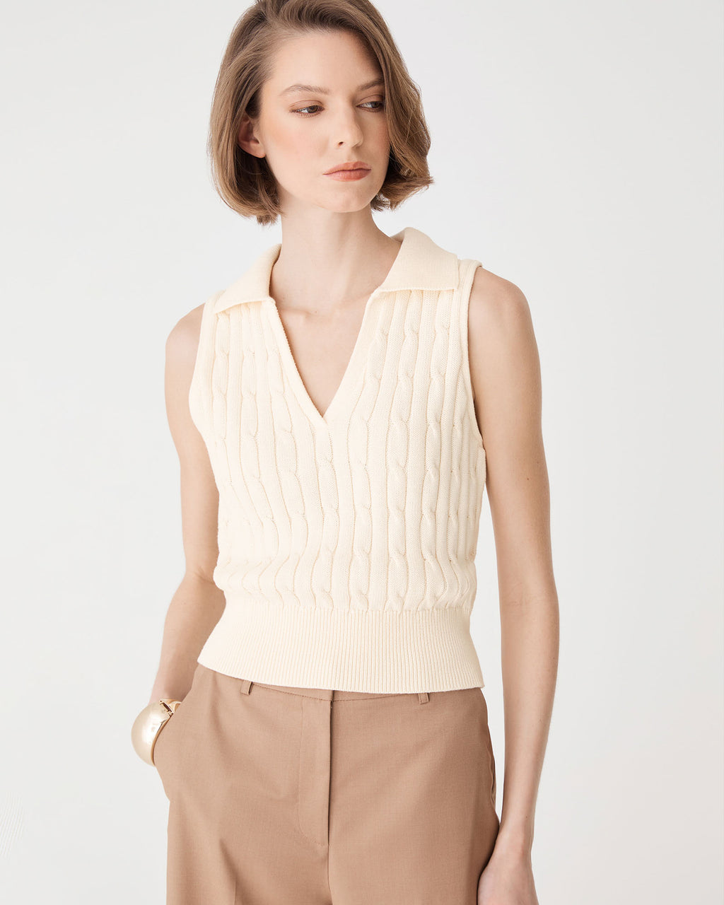 Erin Collared Cable Knit Top in cream — side view
