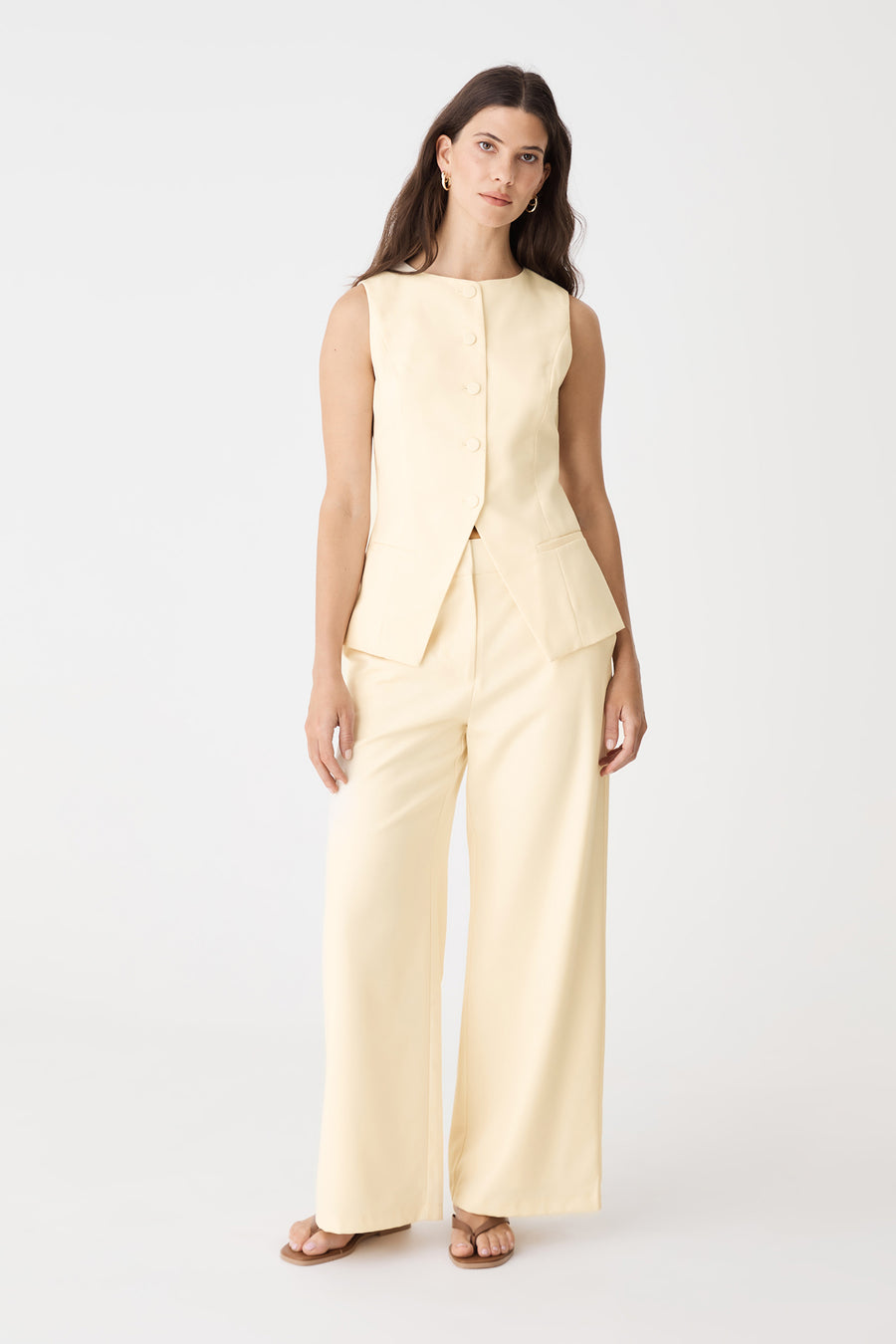Rylan Wide Leg Pants in butter, front view worn with matching longline button vest