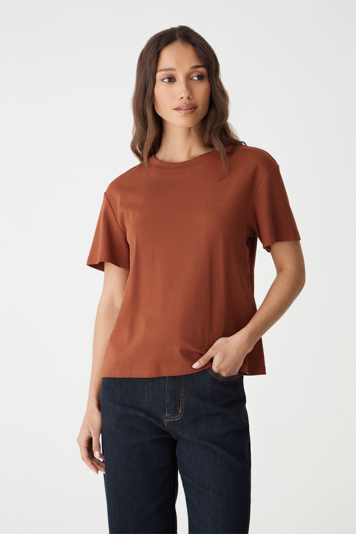 Close front view of the terracotta May Relaxed Cotton T-shirt showing crew neckline and short sleeves