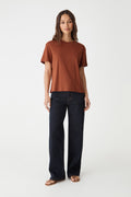 May Relaxed Cotton T-shirt in terracotta, front view worn with dark navy wide leg jeans