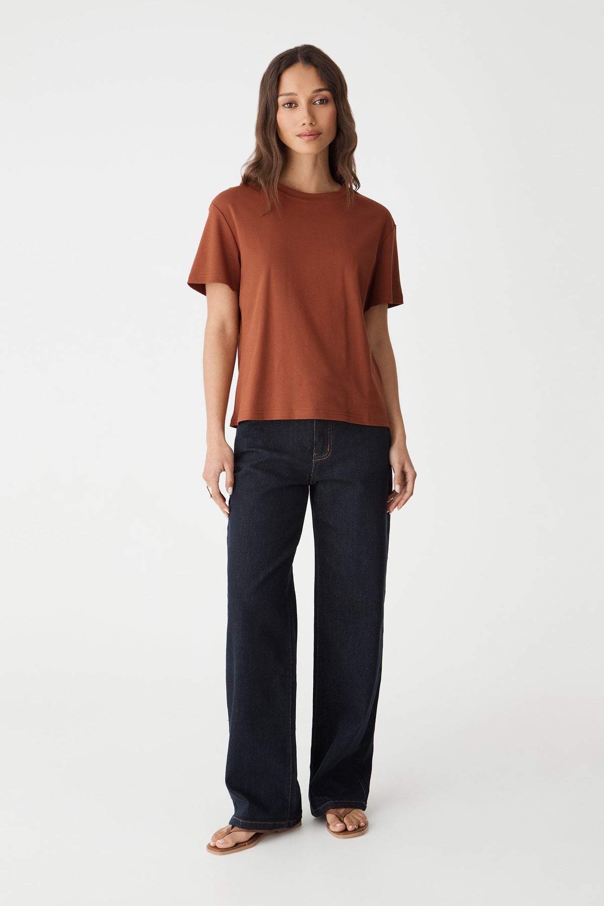 May Relaxed Cotton T-shirt in terracotta, front view worn with dark navy wide leg jeans