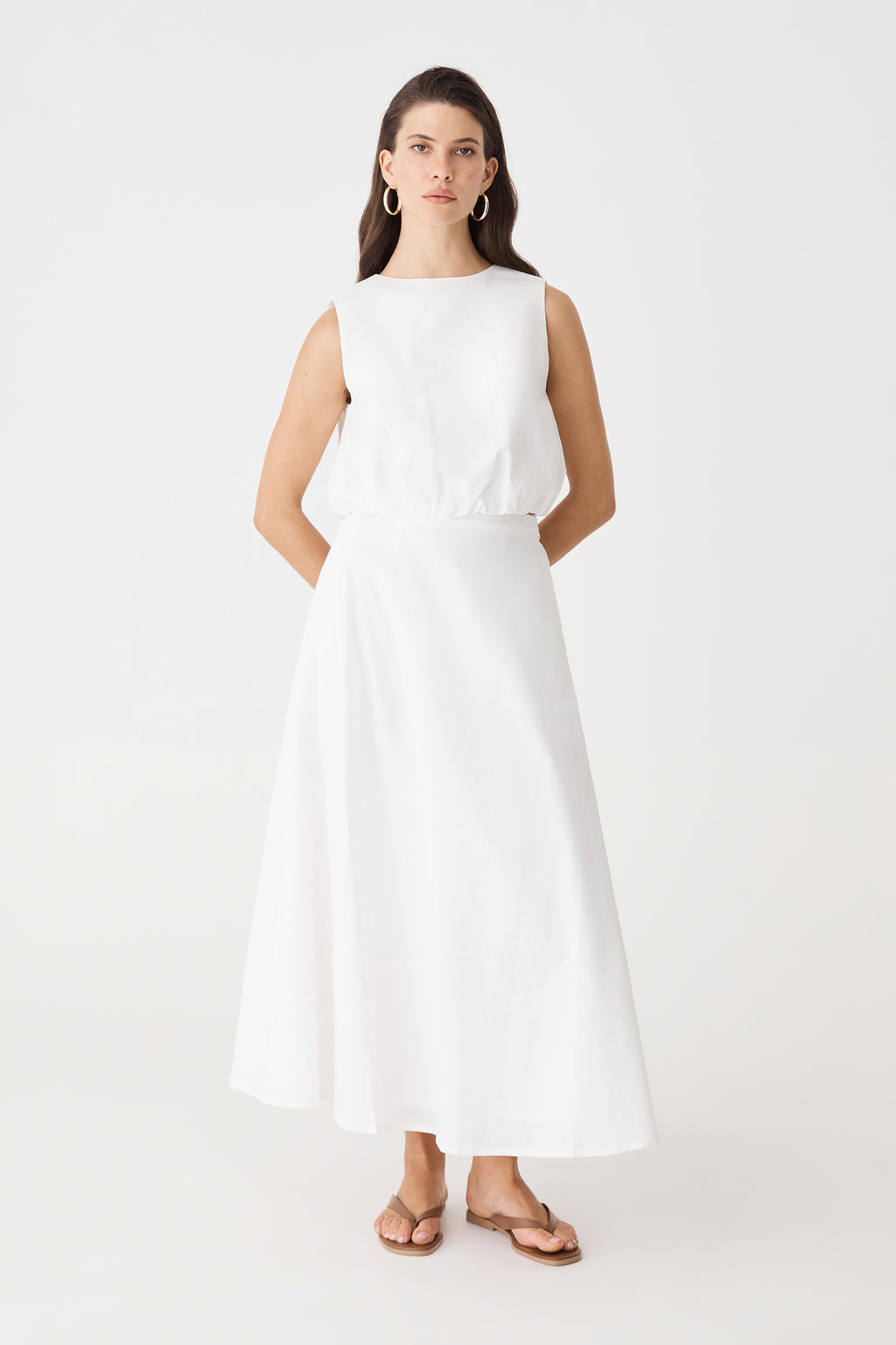 Kenya 2 Ruched Linen Top in ivory, front view, worn with matching ivory linen skirt