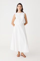 Kenya 2 Ruched Linen Top in ivory, front view, worn with matching ivory linen skirt