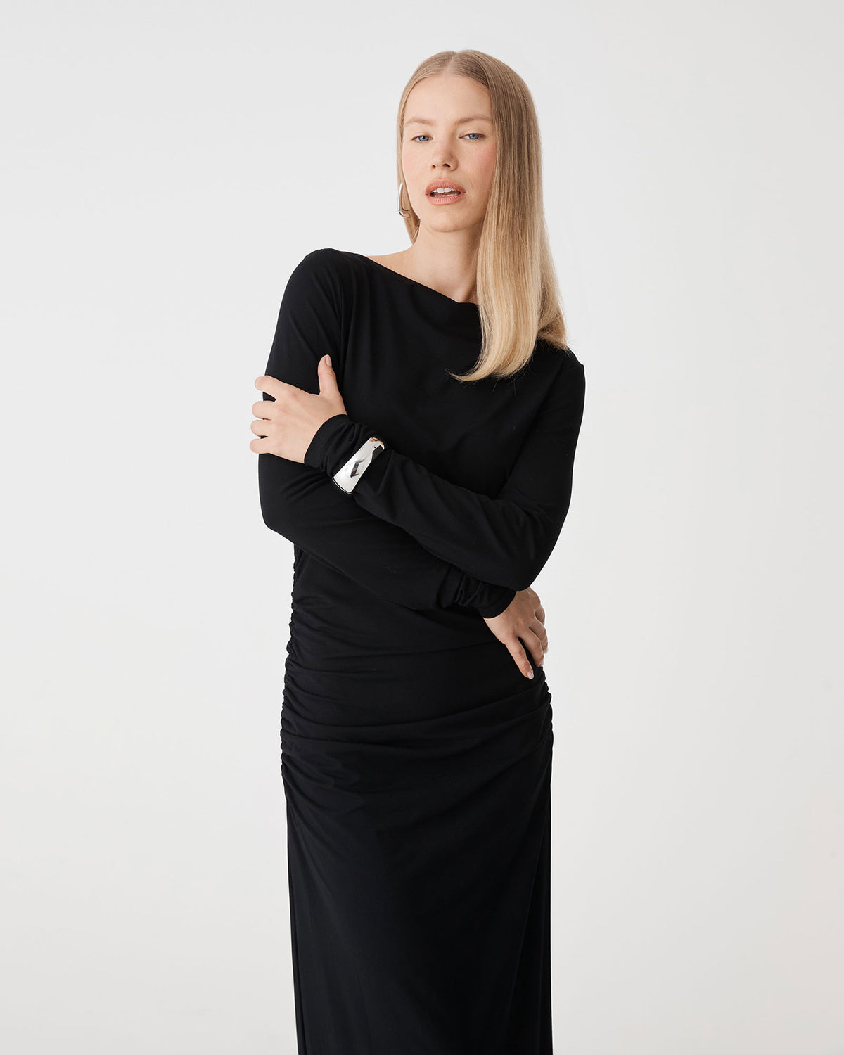 Isobel Bamboo Ruched Dress in black — close-up view
