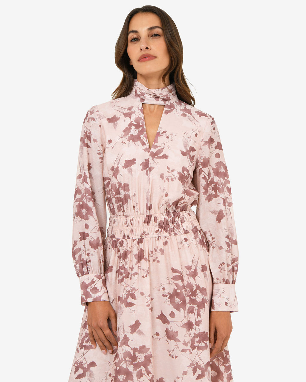 Lesley Tiered Floral Dress in pink floral — close-up view