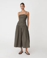 Cathy Cotton Modal Midi Dress in khaki — full-length view