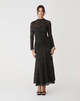 Romy Lace Ruched Dress in black — full-length view