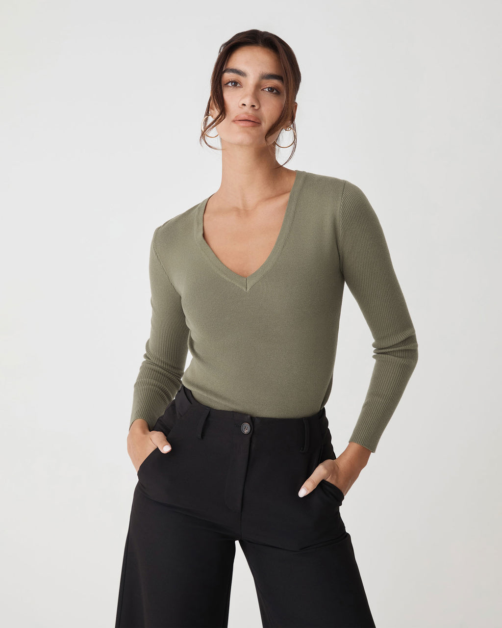 Vicky V-Neck Knit in olive leaf — close-up view