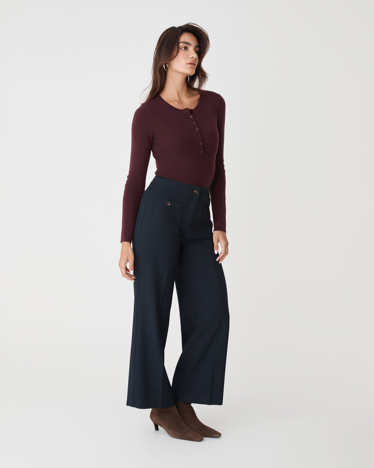 Henley Button Up Knit in shiraz — full-length view
