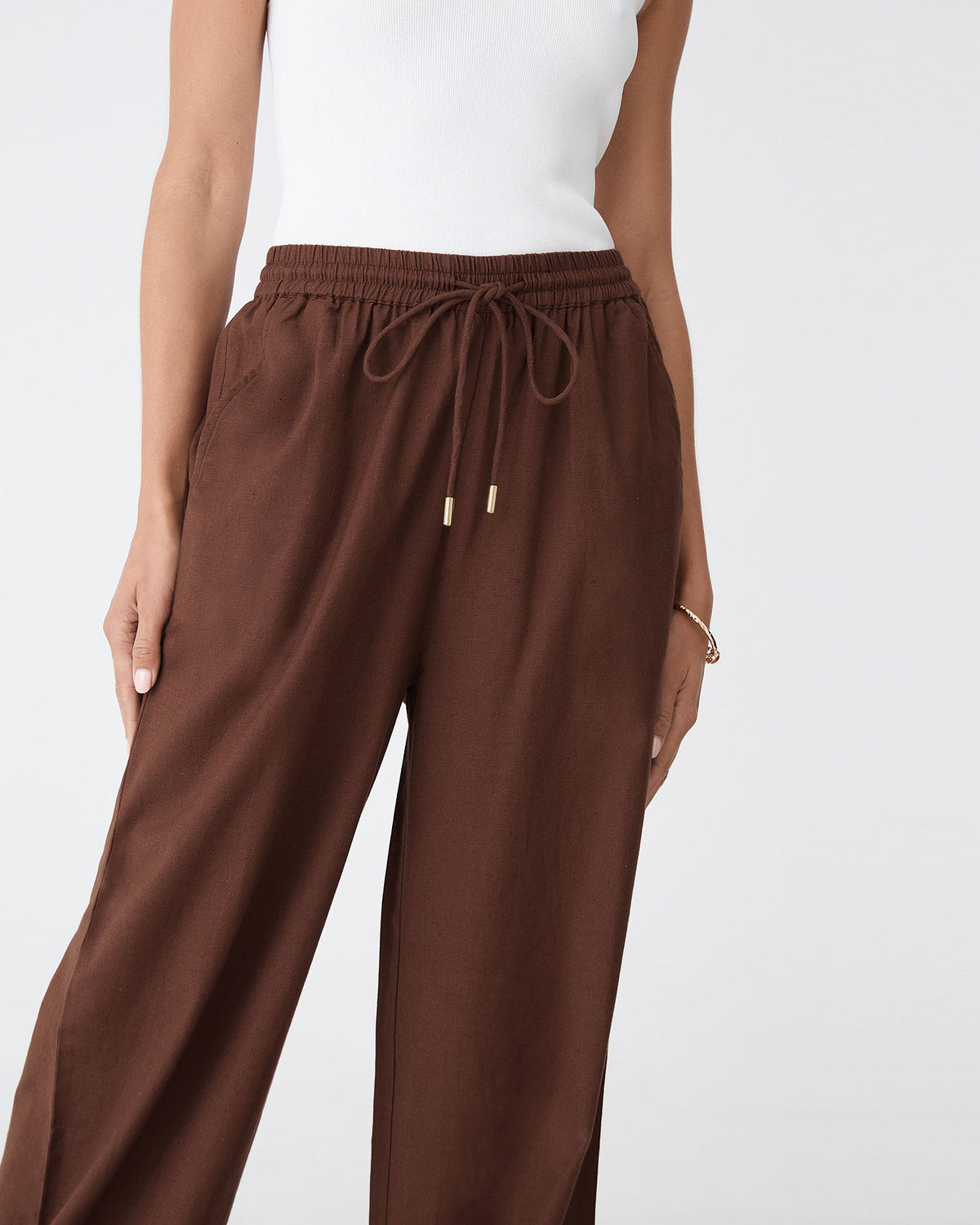 Bronte Cotton Drawstring Pants in chocolate — fabric detail