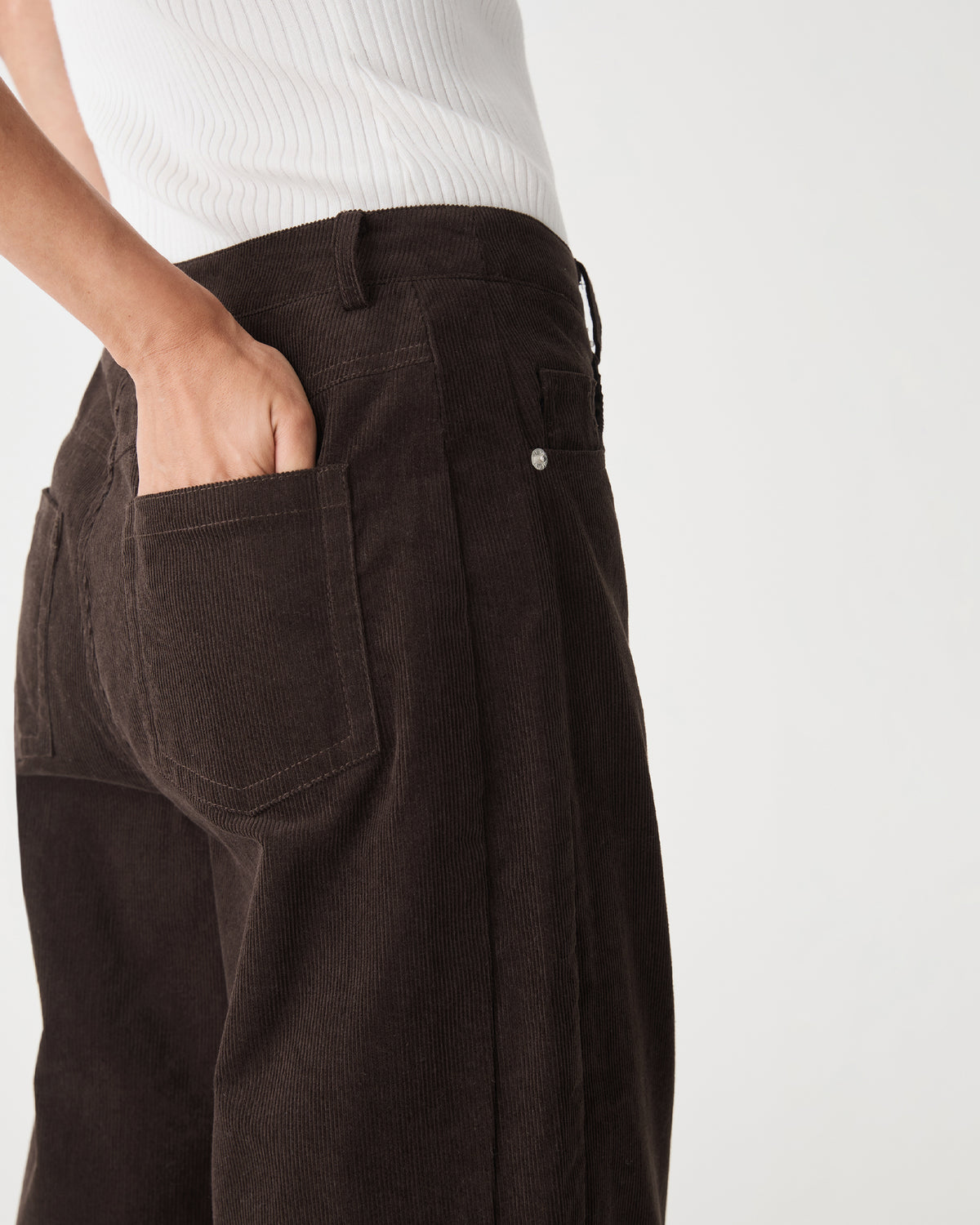 Nya Corduroy Barrel Leg Pants in chocolate — fabric detail