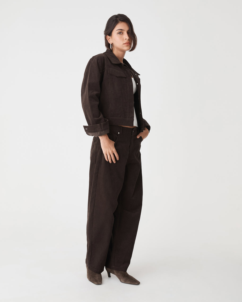 Nya Corduroy Barrel Leg Pants in chocolate — side view