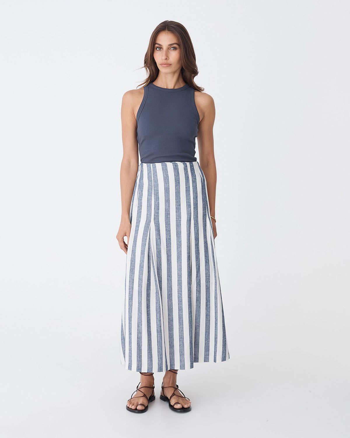 Ikaria Linen Blend Midi Skirt in blue stripe — full-length view 2