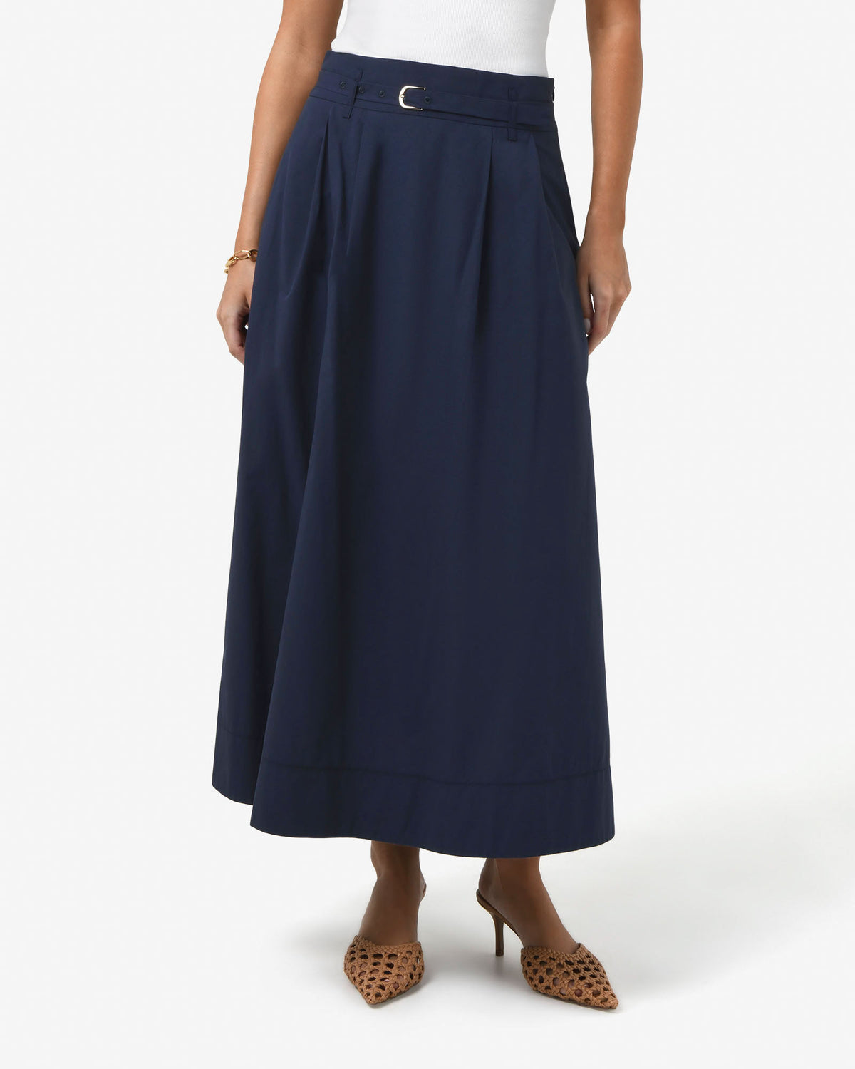 Willow Cotton Belted Skirt in navy — close-up view