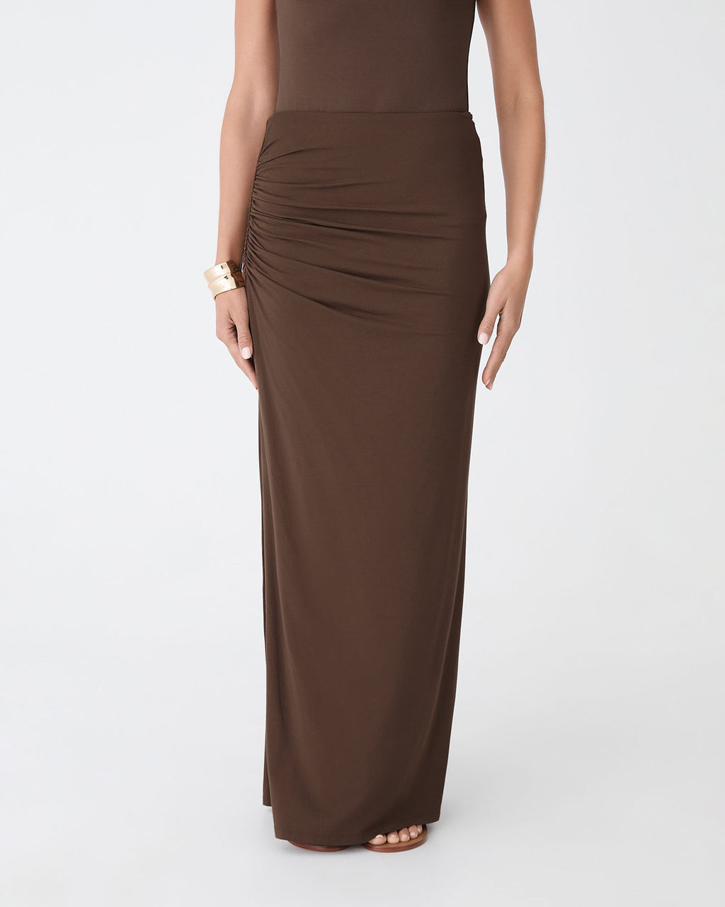 Kirsty Bamboo Ruched Skirt in espresso — close-up view