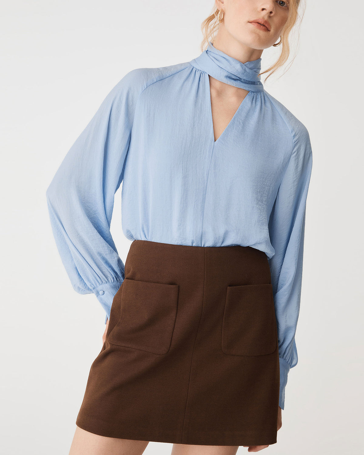 Sienna Pussybow Blouse in sky blue — close-up view