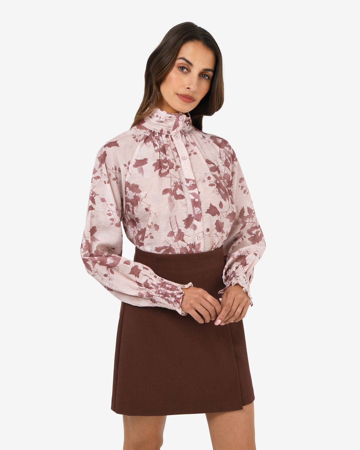 Lesley High Neck Floral Blouse in wine pink — close-up view