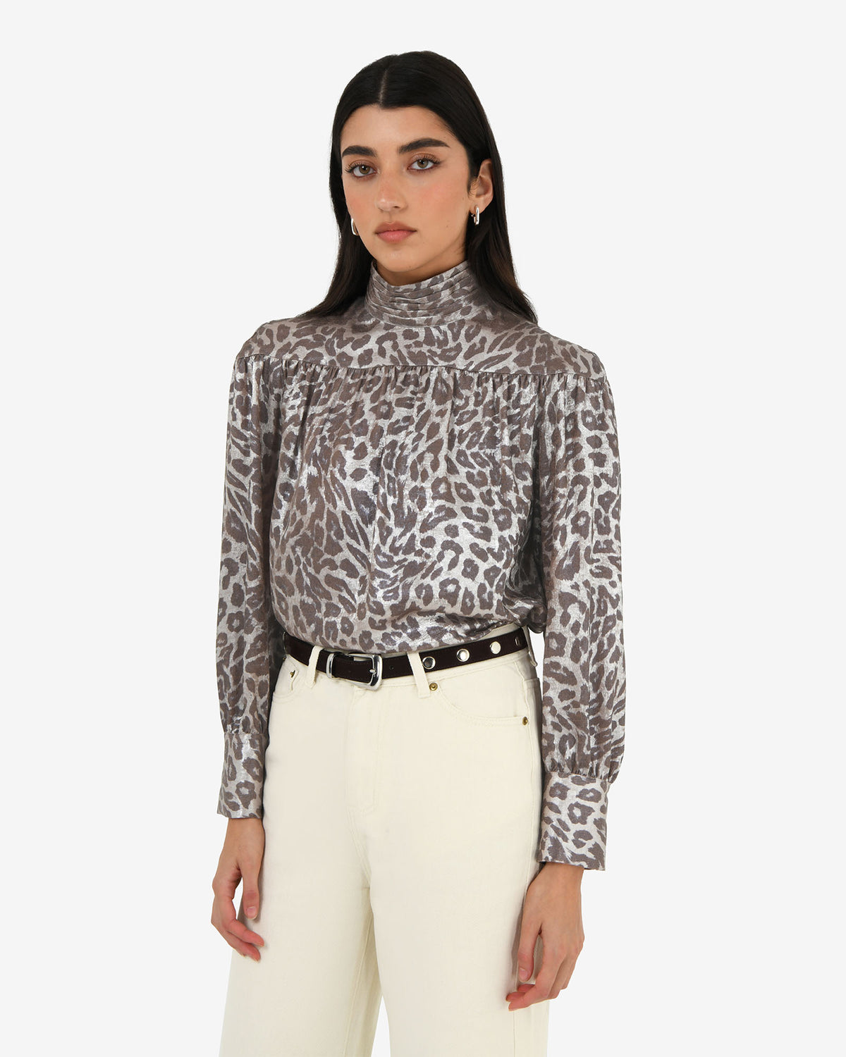 Melisa Gathered Yoke Top in leopard — close-up view