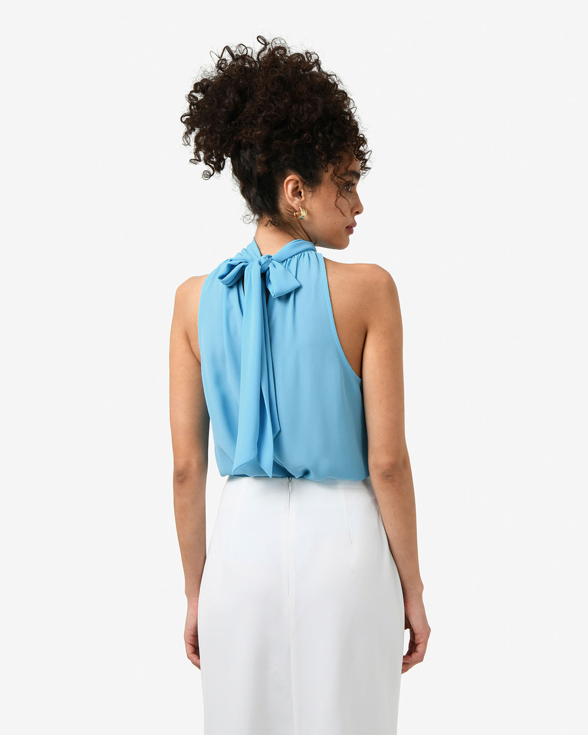 Shelby Draped Sleeveless Top in cyan blue — back view