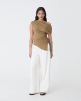 Keeley Bamboo Split Hem Top in tan — full-length view