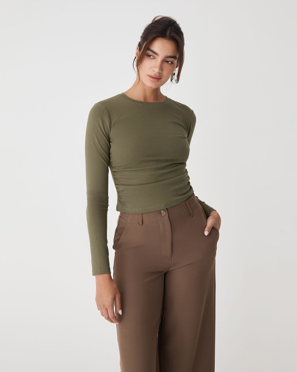 Wyatt Long Sleeve Tee in khaki — close-up view