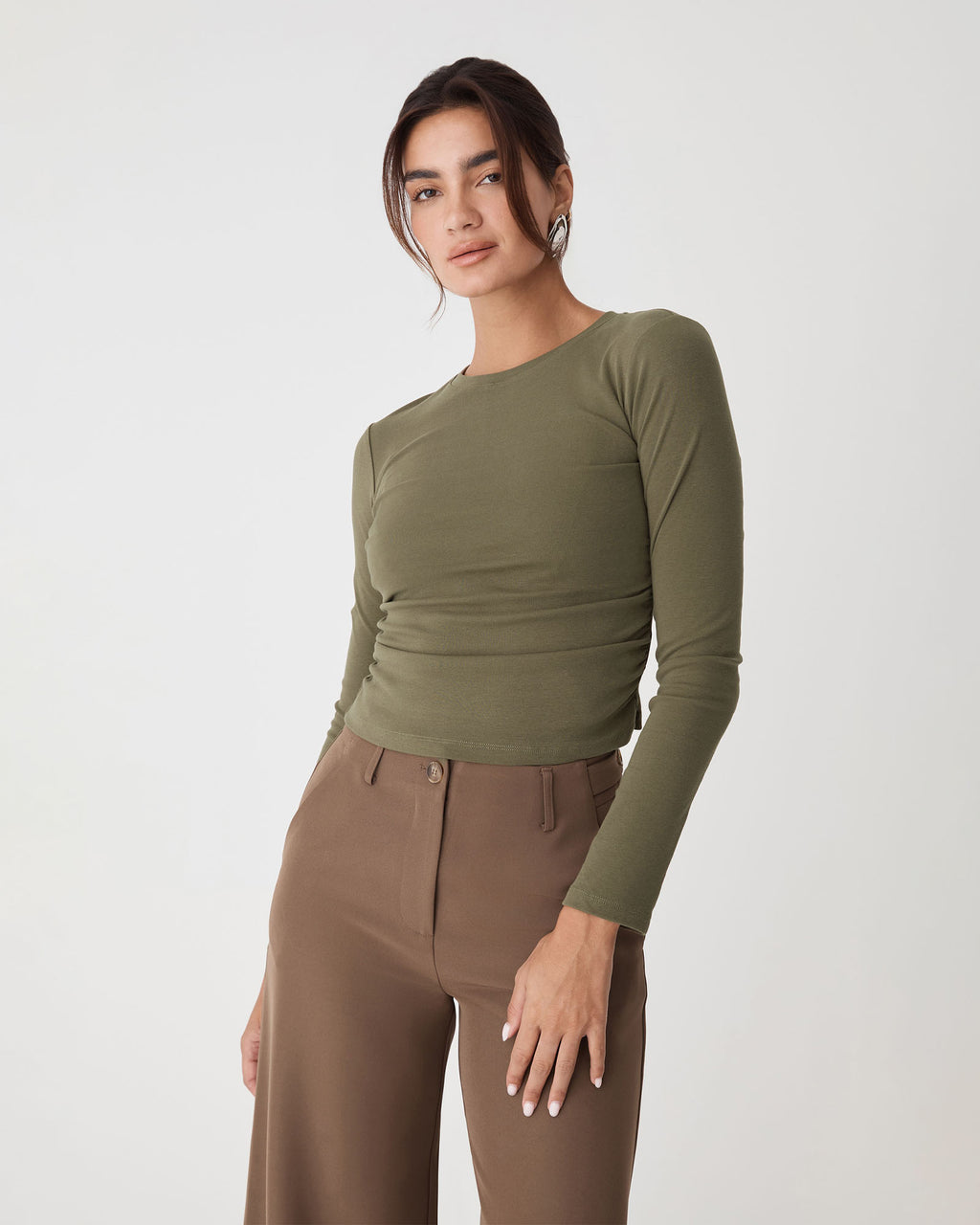 Wyatt Long Sleeve Tee in khaki — close-up view 2