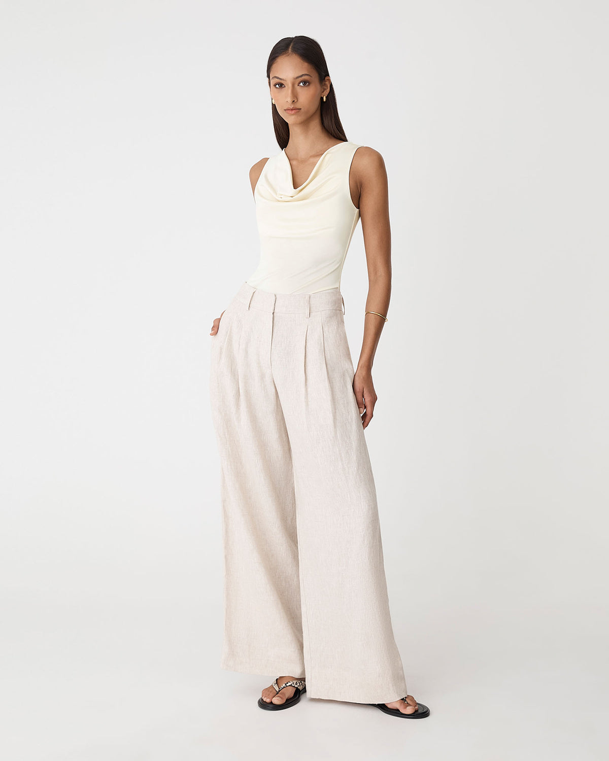 Sabrina Cowl Neck Top in butter — full-length view 2