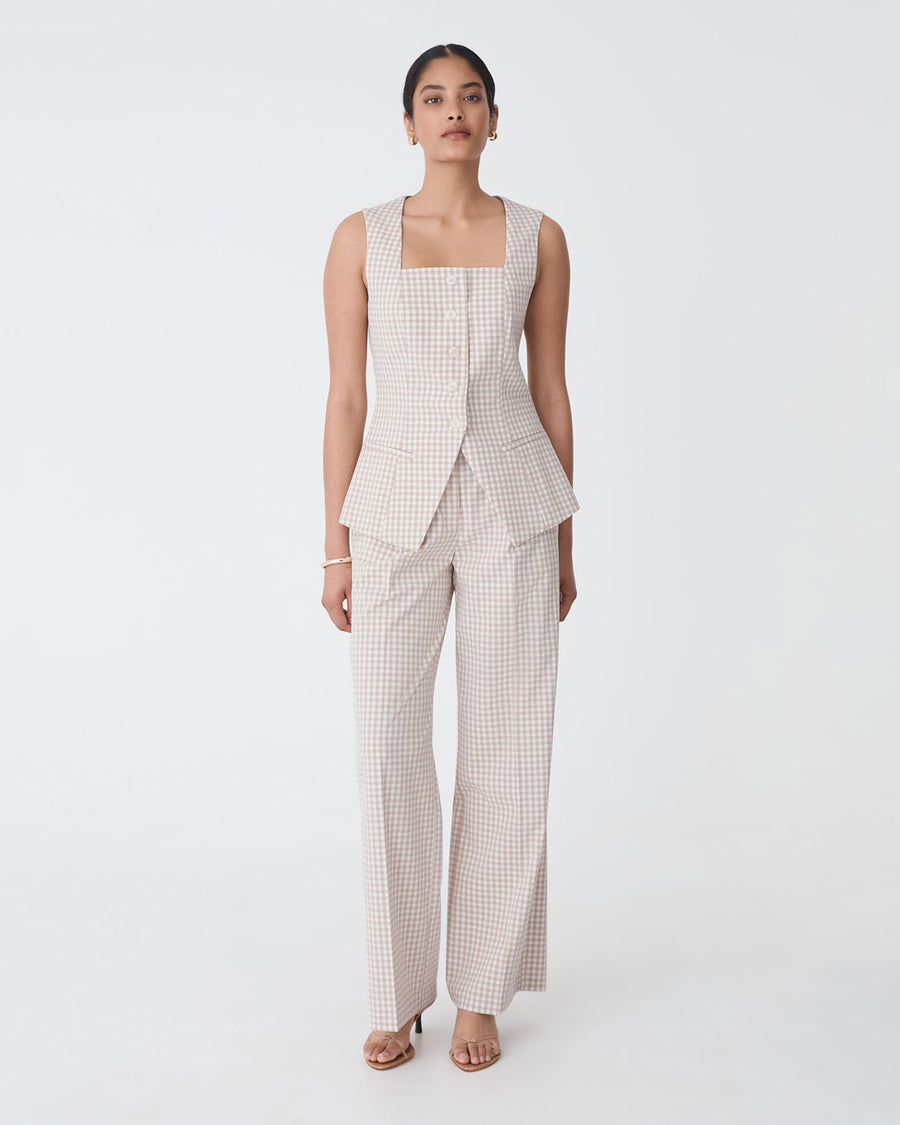 Koora Square Neck Vest in beige check — full-length view