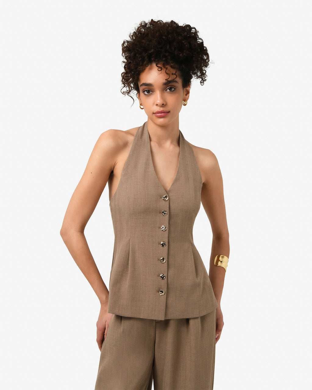 Lola Halter Neck Peplum Vest in taupe — close-up view 2