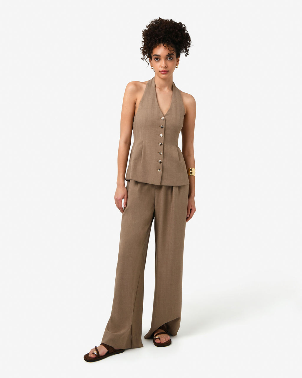 Lola Halter Neck Peplum Vest in taupe — full-length view