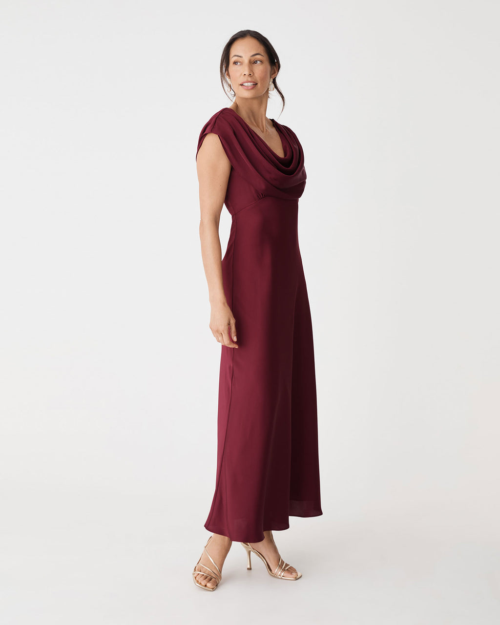 Caroline Cowl Satin Dress in rhubarb — side view