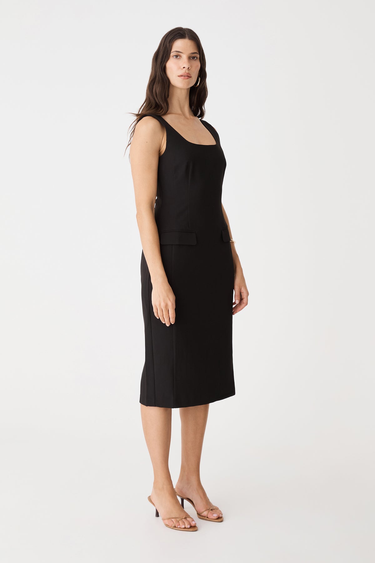 Side view of the black Melanie2 Tailored Pencil Dress showing contoured waist seams