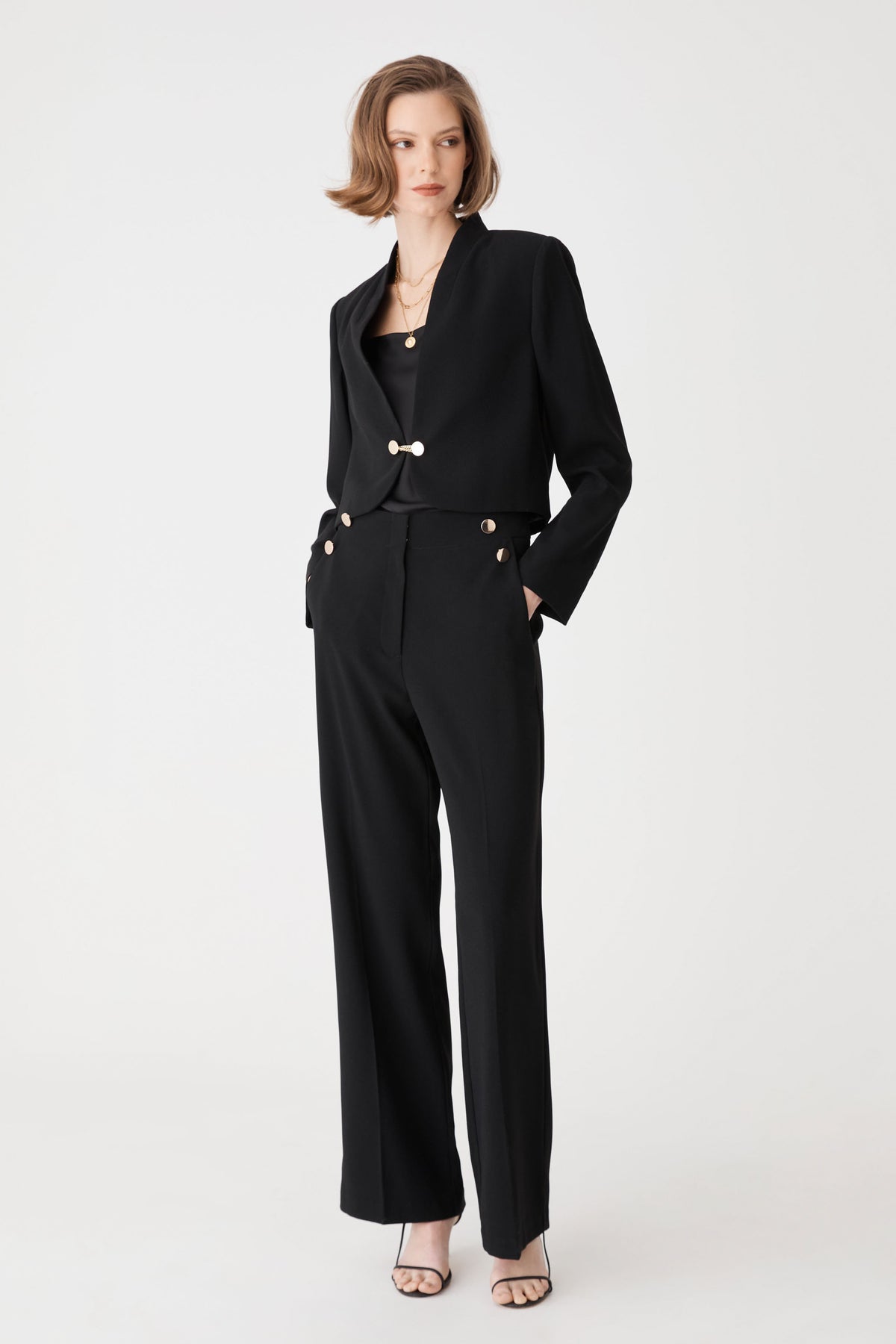 Veronica Crop Crepe Jacket in black, front view worn with matching black wide-leg trousers