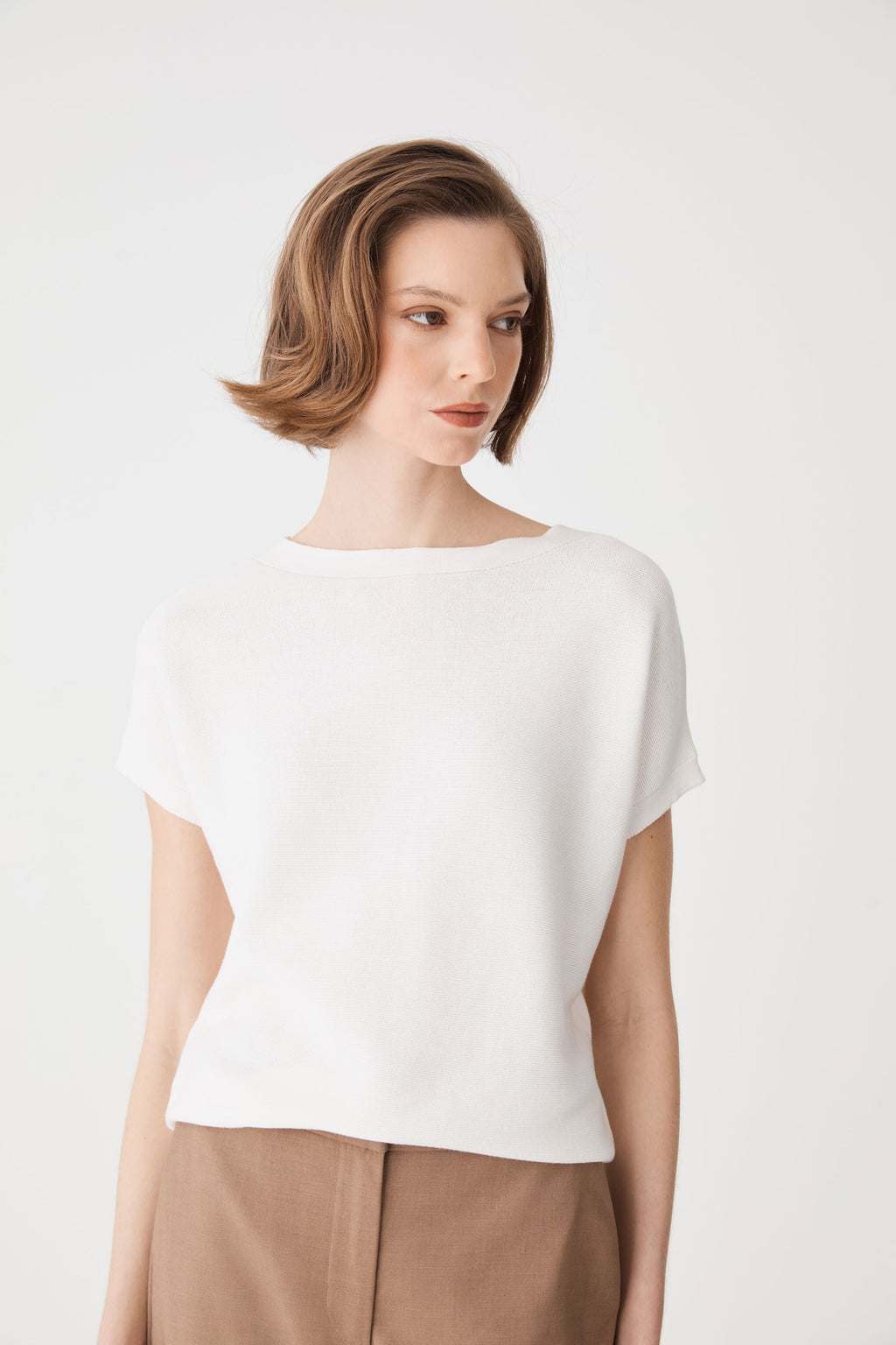 Brandy Relaxed Cotton Knit Top in ivory, front view showing wide boat neckline and short cap sleeves