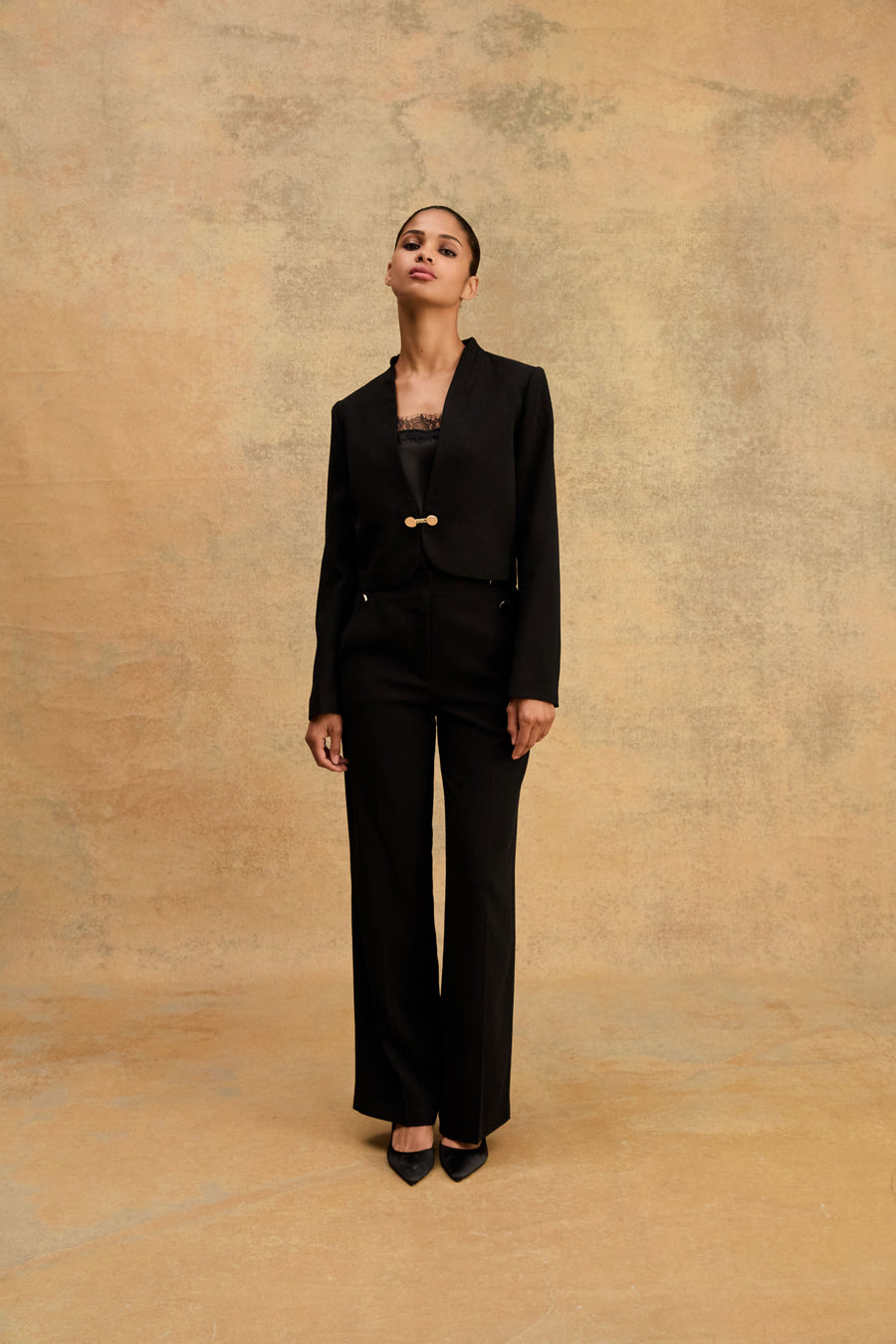Veronica Button Crepe Pants in black — full-length view 2