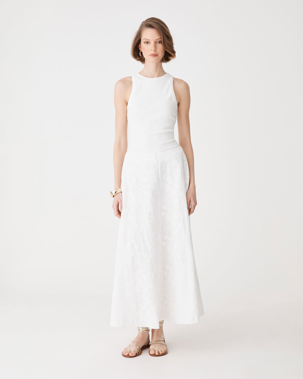 Eloise Embroidered Skirt in ivory — full-length view