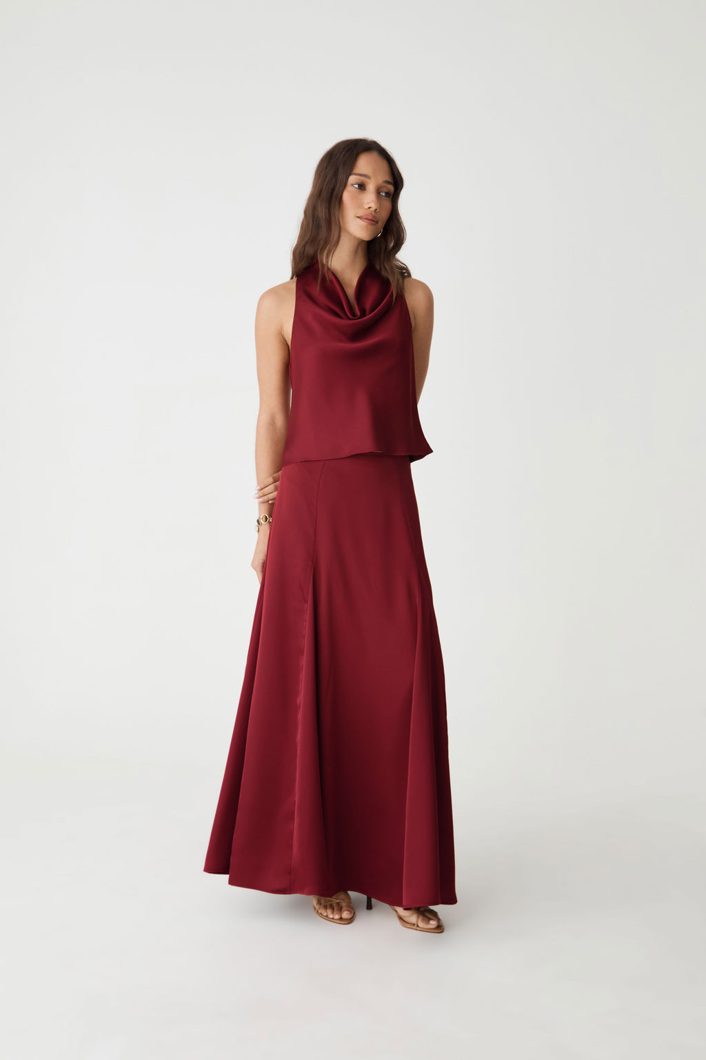 Freya Satin Godet Skirt in rhubarb — fabric detail